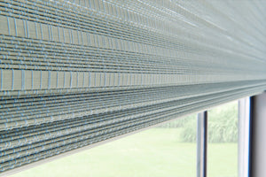 Closeup blue Wood Valance Woven Wood Shades