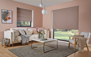 Mauve livingroom Roman Shades